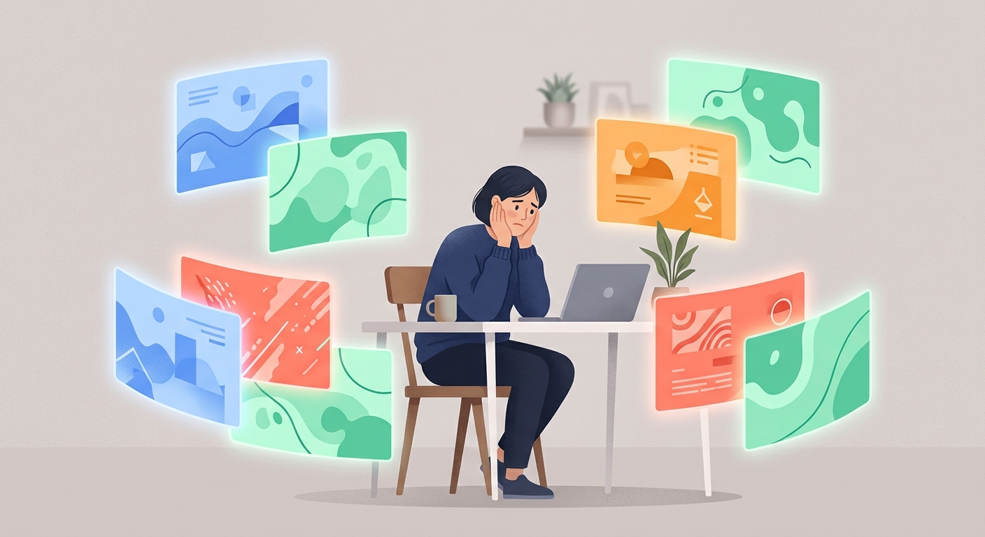 A person at a desk surrounded by multiple floating ad screens representing ad frequency overload across different networks.