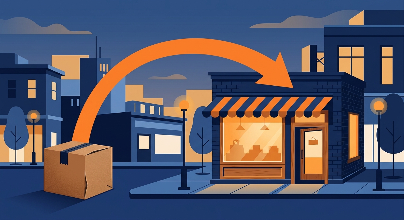 A shipping box with an arrow redirecting toward an independent storefront, representing Shopify brands using Amazon Ads to drive traffic to their own store.