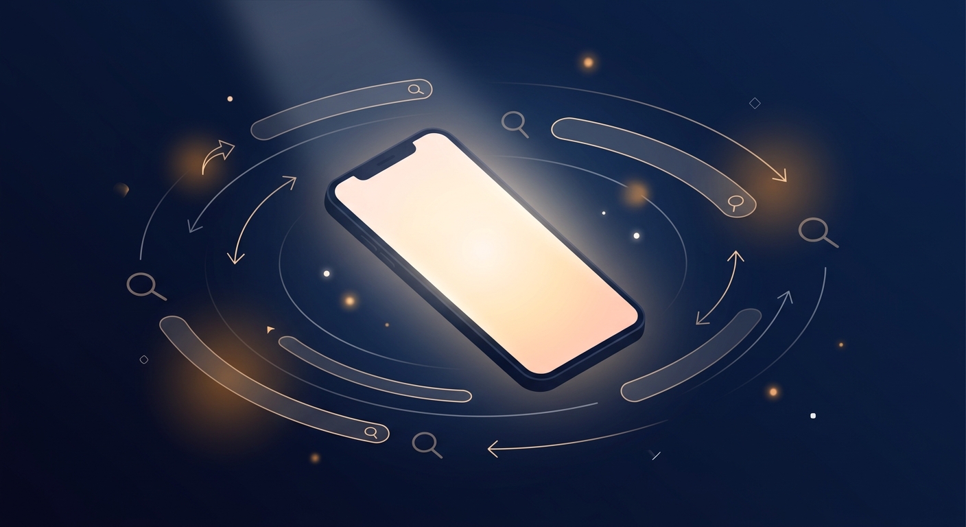 Abstract editorial illustration of a smartphone surrounded by search and discovery motifs, representing Apple Search Ads for small-budget DTC brands.