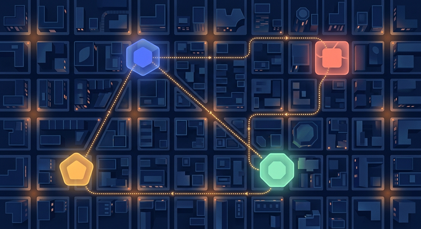 Glowing dotted trails connecting multiple city hubs at dusk, representing a cross-network retargeting journey across different ad platforms.