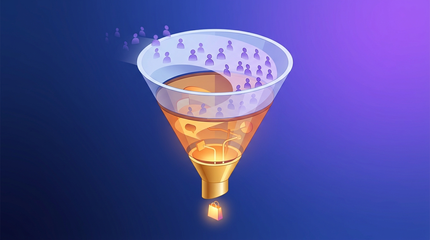 Stylized three-dimensional marketing funnel illustration showing the journey from awareness to purchase for an e-commerce brand.