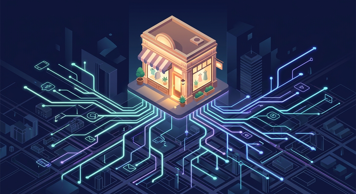 Illustrated small shop connected to a glowing multi-channel advertising network, representing Google Performance Max campaign reach for a Shopify store.