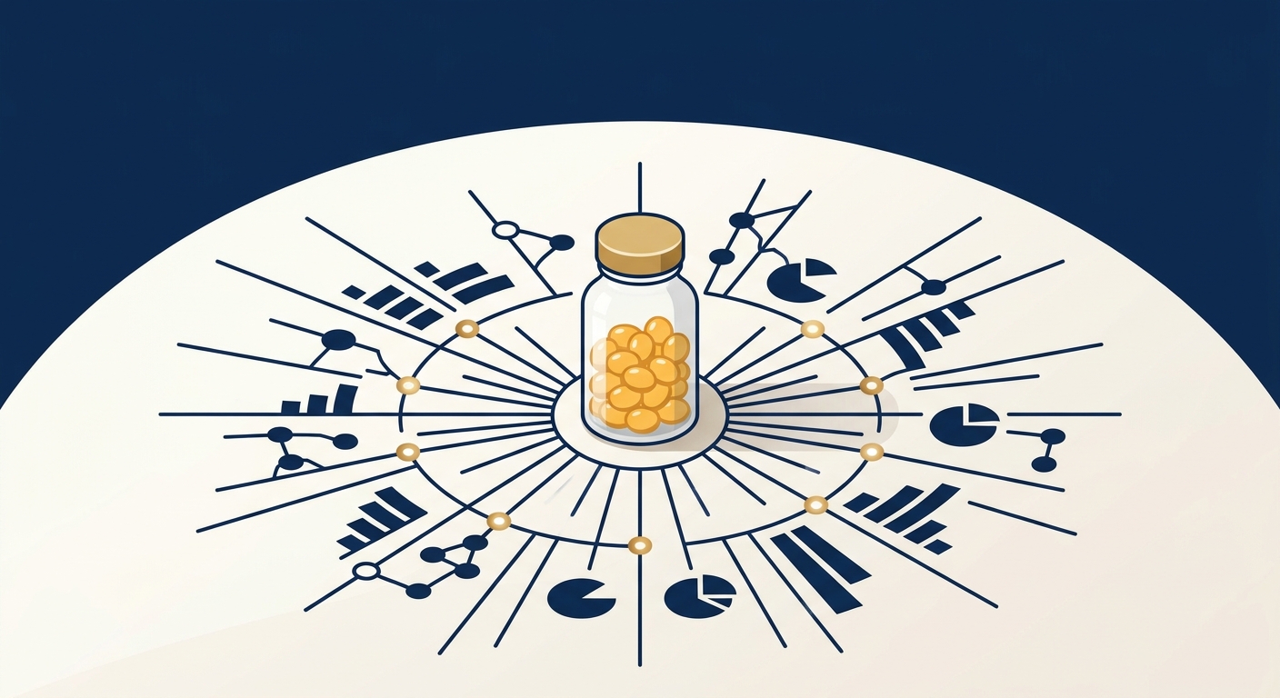Supplement bottle surrounded by abstract targeting and budget allocation shapes representing a focused paid advertising strategy for health brands.