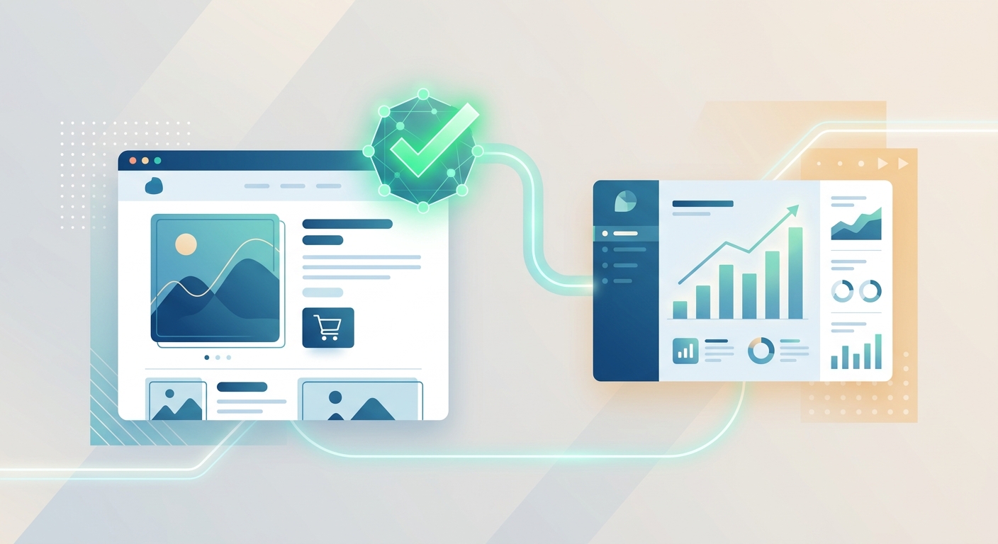 Stylized illustration of a Shopify product page connected by a glowing data line to a conversion tracking dashboard with rising bar graphs