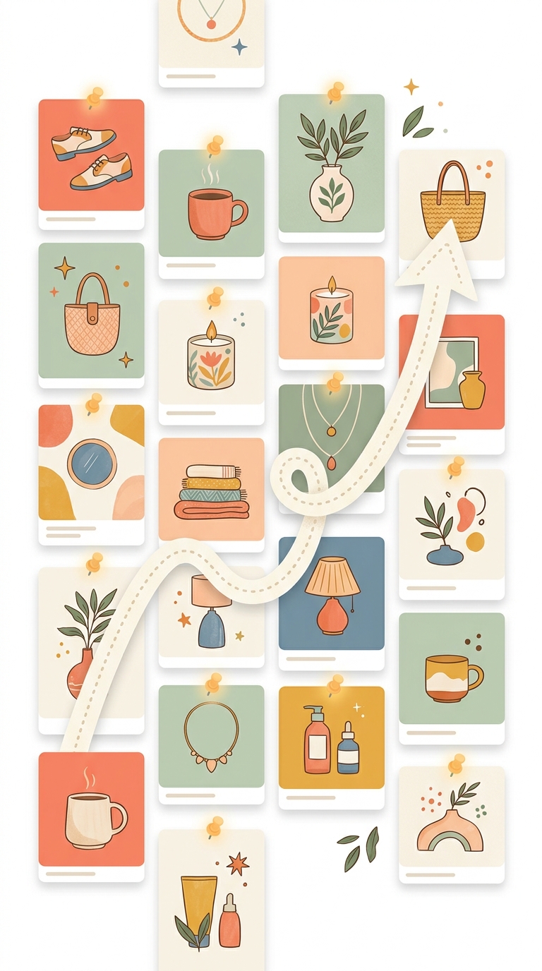 Colorful product discovery cards arranged in a grid with glowing pins, representing Pinterest advertising for small ecommerce brands.