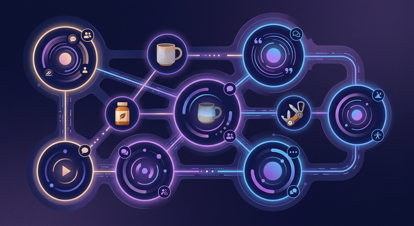 Stylized illustration of niche online communities connected by glowing pathways with small product icons orbiting between them, representing targeted Reddit advertising for ecommerce brands.