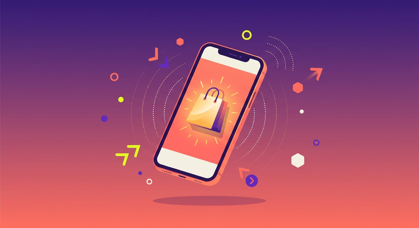 Stylized smartphone with a glowing shopping bag icon surrounded by geometric shapes representing Snapchat ecommerce advertising.