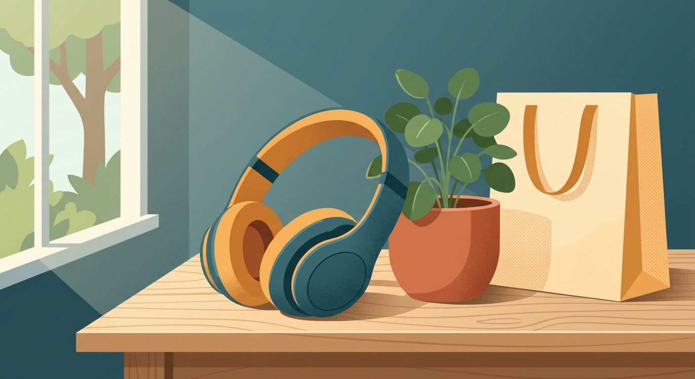 Wireless headphones beside a shopping bag on a desk, representing Spotify audio advertising for ecommerce brands.