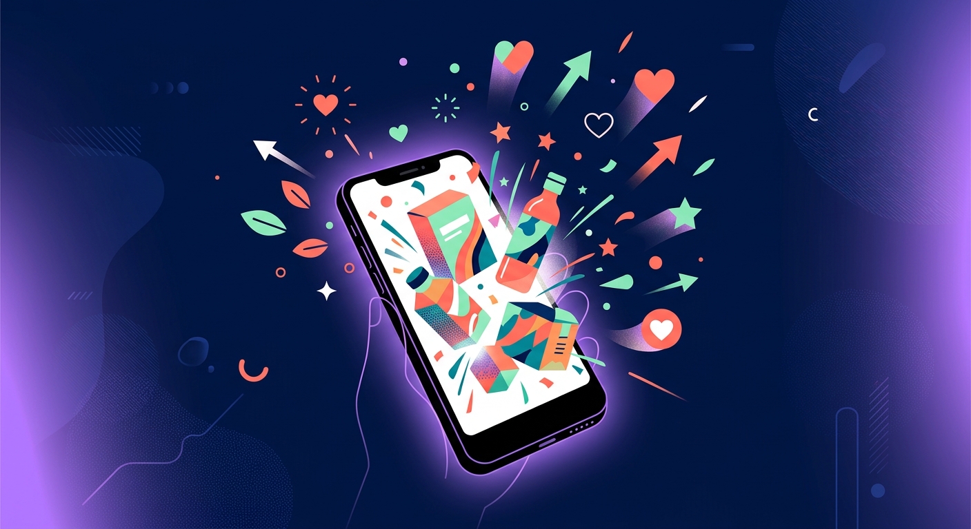 Vibrant illustration of a small Shopify brand product being promoted through a TikTok-style short video campaign on a smartphone, surrounded by engagement symbols.